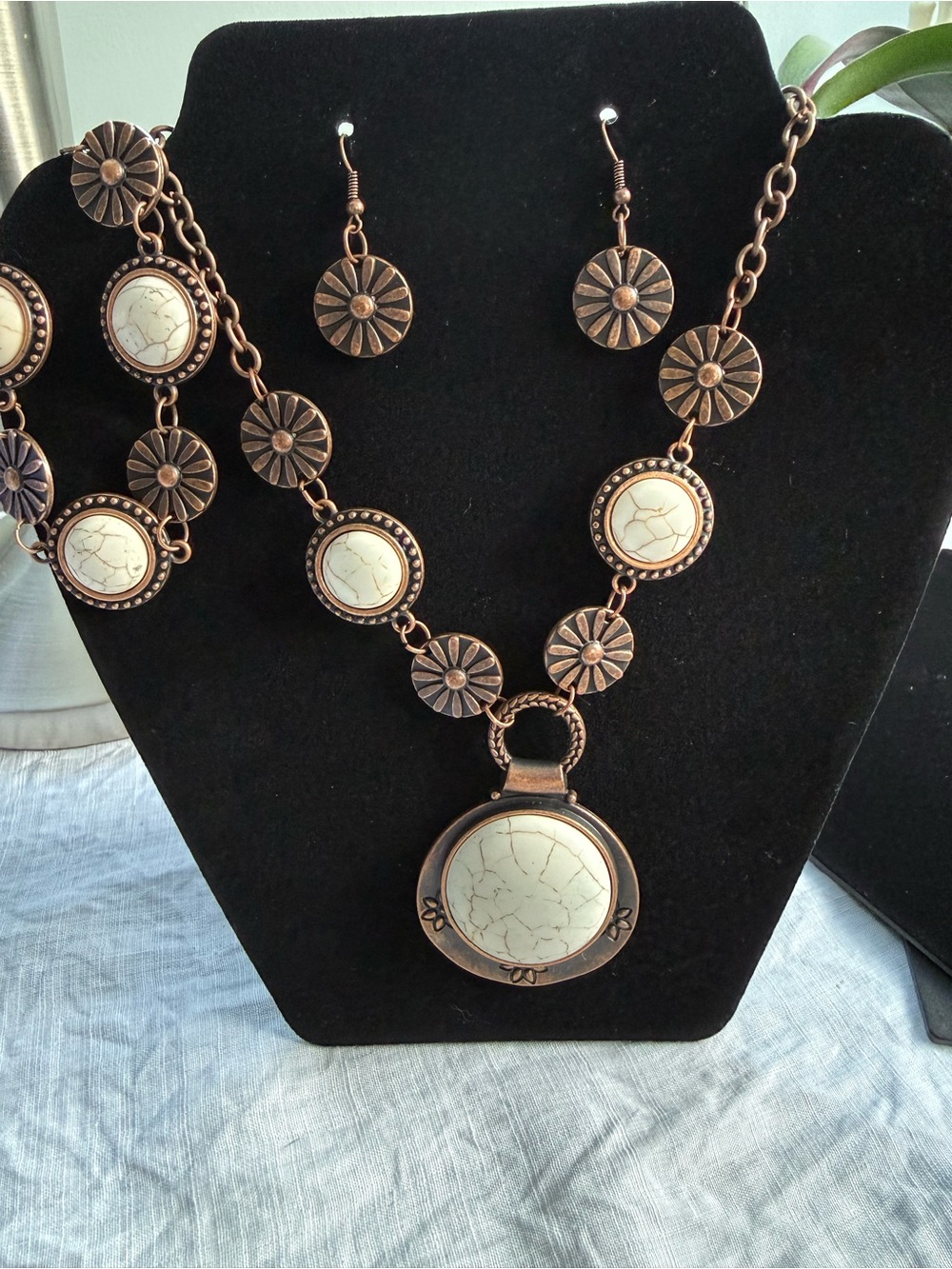 Copper-Tone White Stone Pendant Necklace, Bracelet & Earring Set